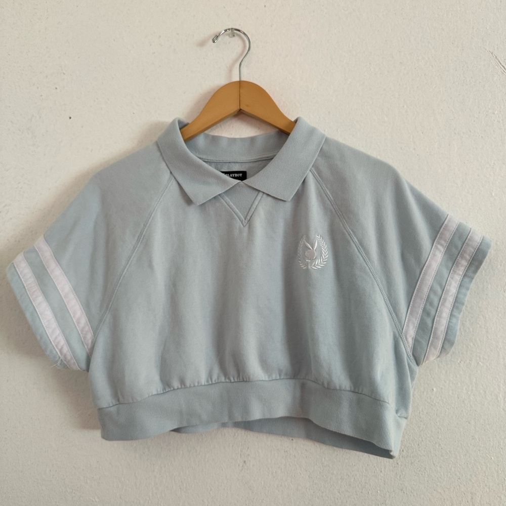 PacSun x Playboy Light Blue Cropped Collared Sweatshirt Logo Top Size M Preppy
